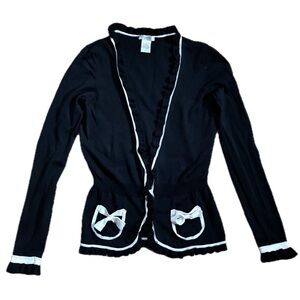 Vintage Cache Black White Lightweight Cardigan  Top Small Ruffle Trim Retro Twee